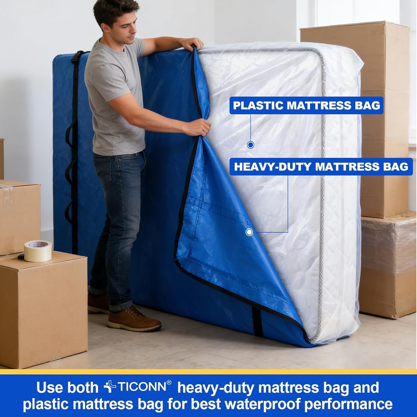 TICONN Waterproof Mattress Bag - Heavy-Duty Plastic Protector for Moving | 2-Pack, Queen Size