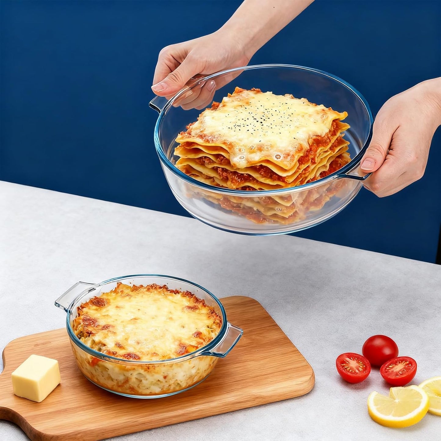Skiennix Glass Casserole Dish Set - 2 Pack Round Baking Dishes with Lids | 1.8Qt & 0.8Qt, Dishwasher Safe