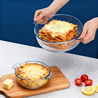 Skiennix Glass Casserole Dish Set - 2 Pack Round Baking Dishes with Lids | 1.8Qt & 0.8Qt, Dishwasher Safe
