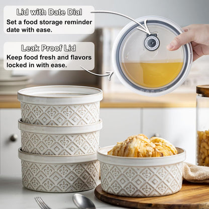 Ramekins 40 Oz Ceramic Airtight Bowls Set of 4 - Large Mixing Bowls with Lids for Salad, Soup & Baking - Beige