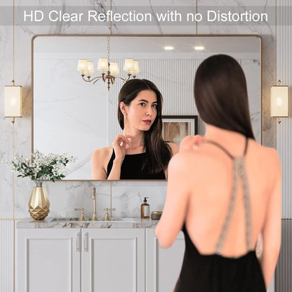 LOAAO Gold Bathroom Mirror - 48”X30” Rounded Rectangle Design | Wall-Mounted, Anti-Rust Tempered Glass