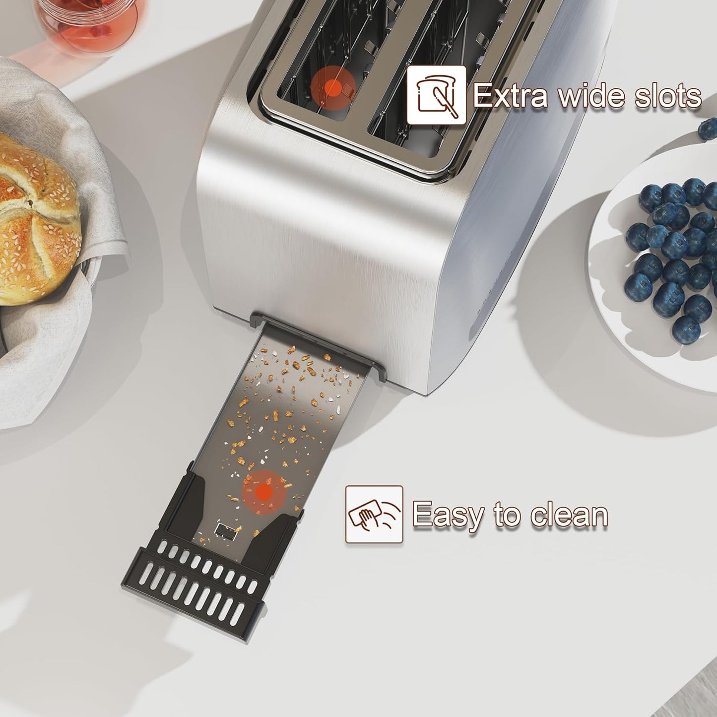 Runnatal 2-Slice Stainless Steel Toaster - Multifunctional with 7 Settings, Defrost & Bagel Functions | Easy to Clean, Silver
