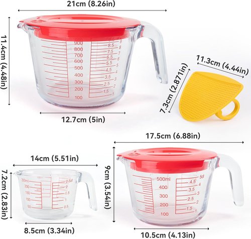 Glass Measuring Cups Set by [Brand Name] - 6 Pcs with Lids & Strainer | Easy-Grip Handles, Nesting Design