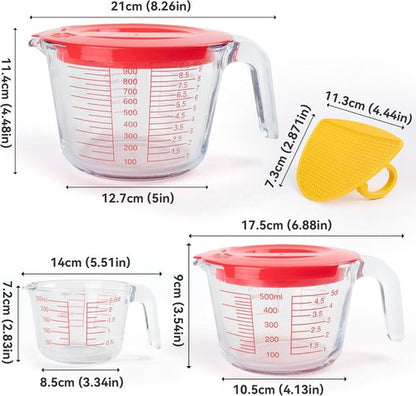 Glass Measuring Cups Set by [Brand Name] - 6 Pcs with Lids & Strainer | Easy-Grip Handles, Nesting Design