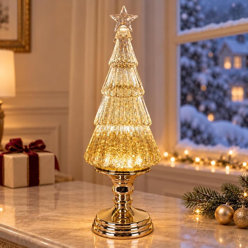 Christmas Tree Snow Globe Lantern with 6H Timer - USB & Battery Operated (Gold Tree)
