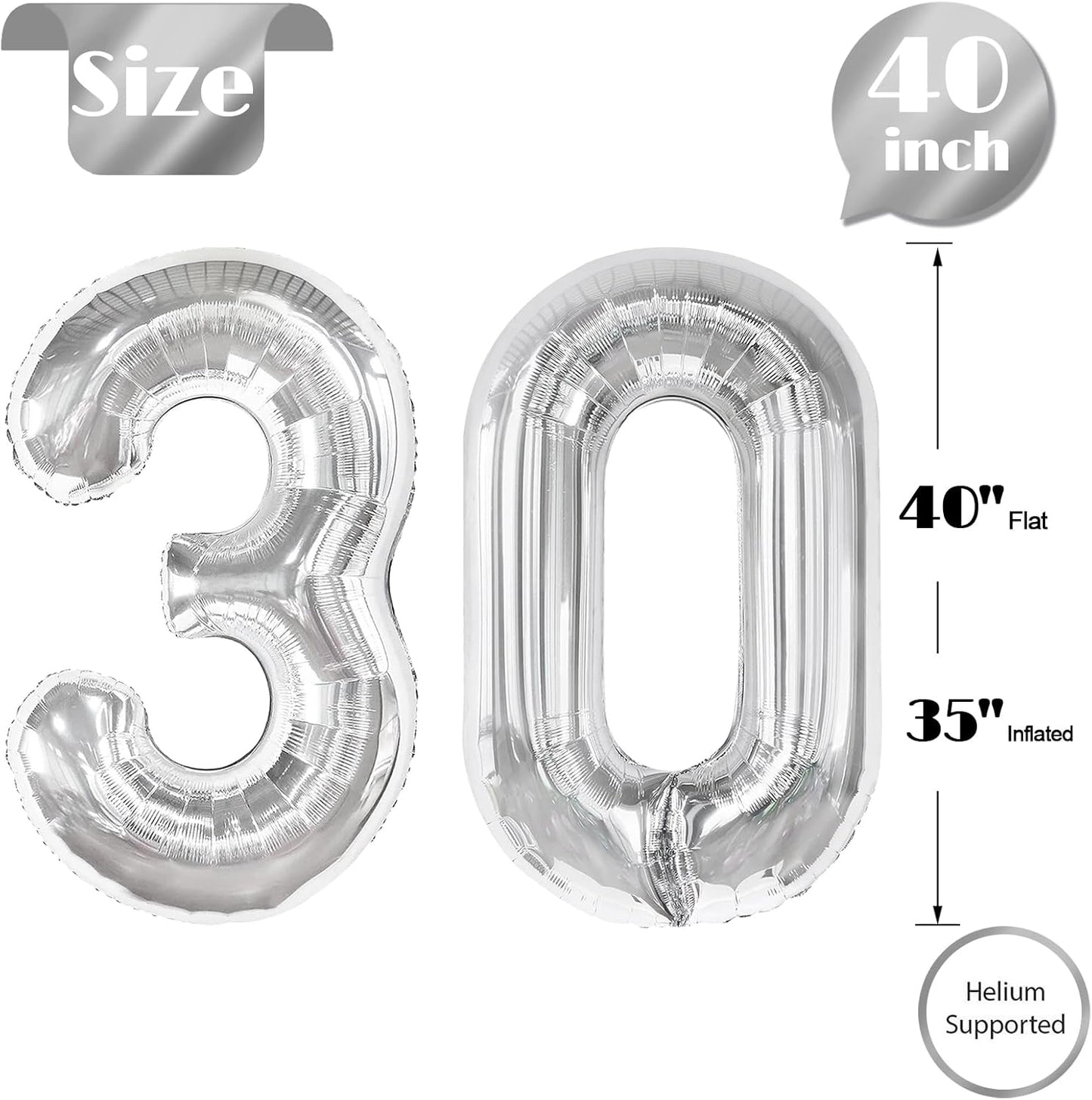 Silver Number 30 Balloon - 40 Inch 30th Birthday Decoration for Kids & Adults | Perfect Party Supplies