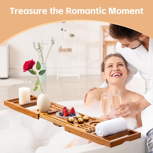 Flyjoe Luxury Teak Bathtub Tray - Foldable Bath Caddy with Expandable Handles, Wine Glass & Phone Holder, Book Stand - Enhance Home Spa Experience with Natural Material - Relaxing & Reading