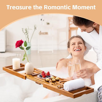 Flyjoe Luxury Teak Bathtub Tray - Foldable Bath Caddy with Expandable Handles, Wine Glass & Phone Holder, Book Stand - Enhance Home Spa Experience with Natural Material - Relaxing & Reading