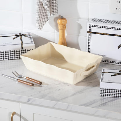 Sweejar Casserole Dishes - Ceramic 9x13 Baking Dish with Handles | Wave Edge Design for Roasting & Baking (Beige)