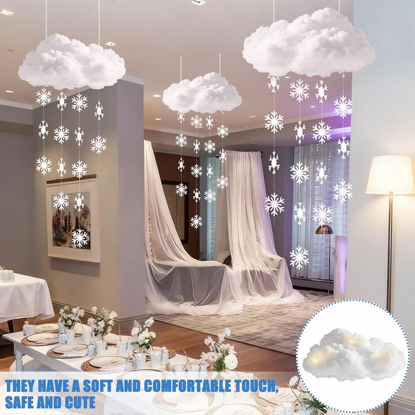 Wettarn 3D Large Winter Cloud Decorations - 18 Pcs Hanging Ornaments with Snowflakes for Party Decor