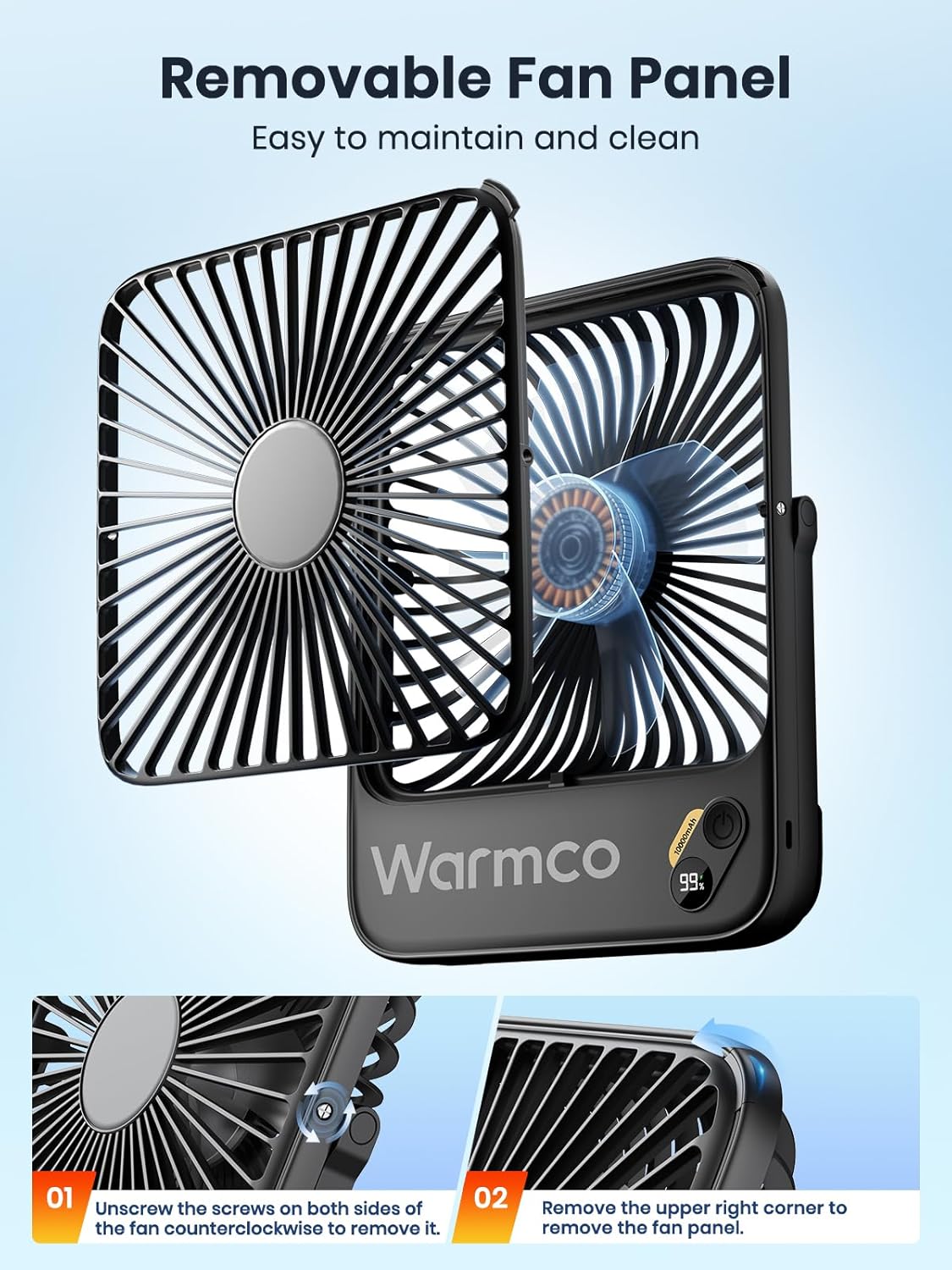 Warmco 10000mAh Portable Travel Fan - 7-Inch, Ultra-Thin, Quiet Design with 24H Runtime | Ideal for Camping, Office, Bedroom