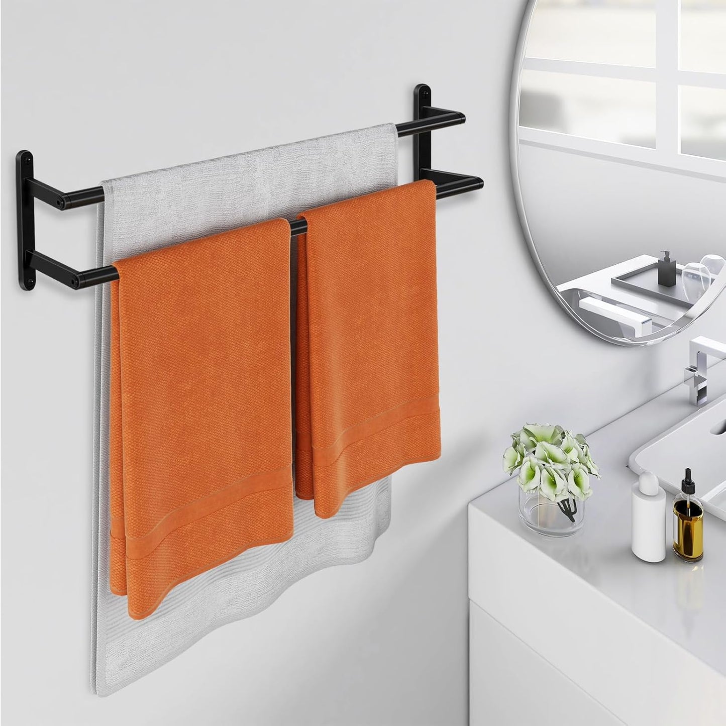 Skiennix Double Towel Bar - 24-Inch Stainless Steel Bath Rack | Matte Black Wall-Mounted Holder