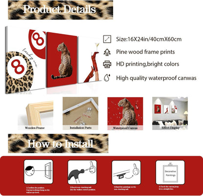 Skiennix Leopard Canvas Wall Art Set - Red Cheetah High Heel & Lucky You 8 Ball Prints | 16x24 Inch Framed Decor for Girls' Bedroom