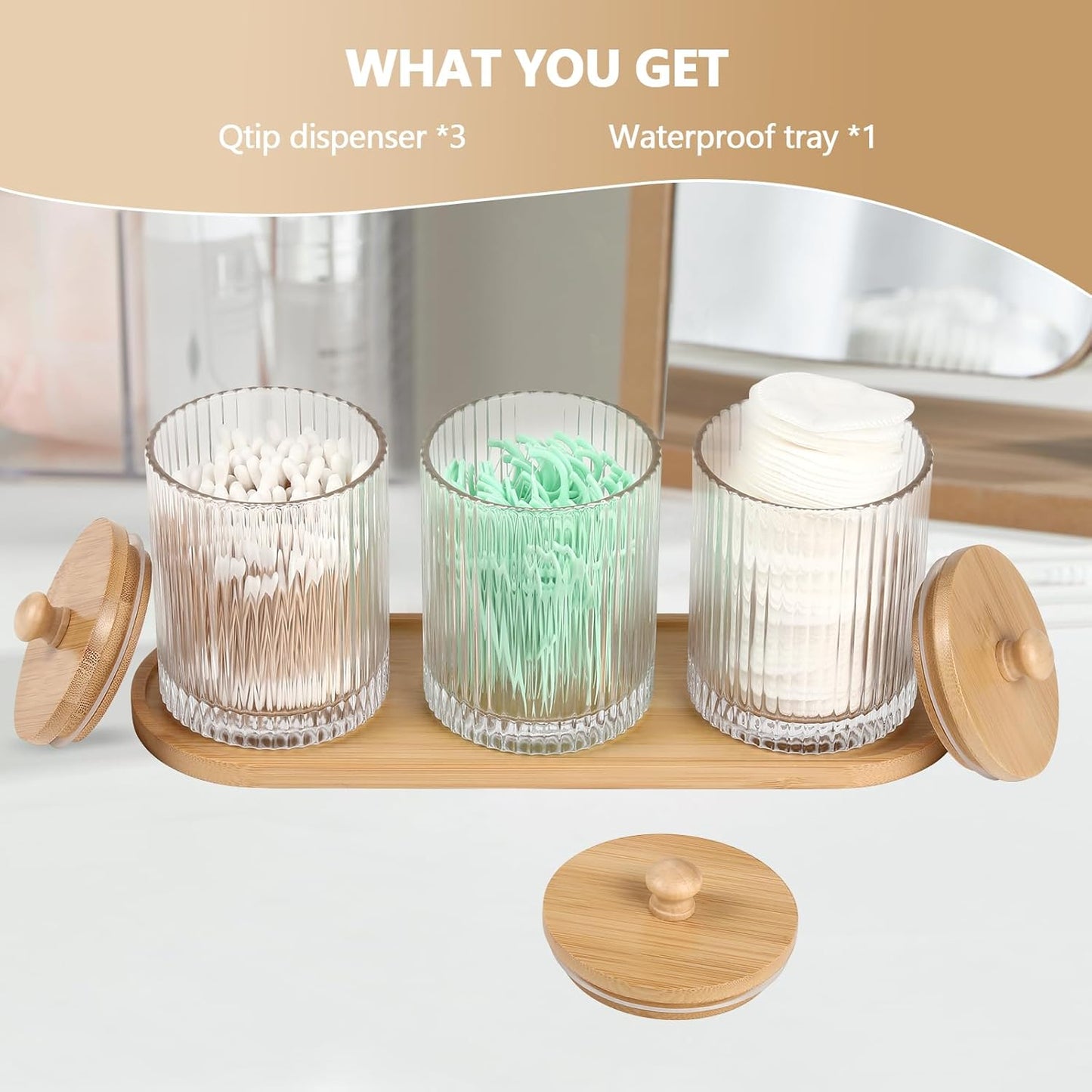 Skiennix 3-Pack Qtip Holder - Elegant Bathroom Organizer Set with Glass Jars & Tray