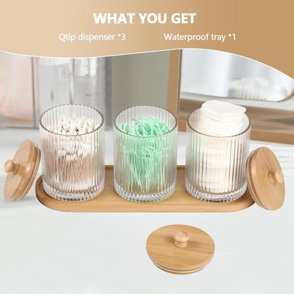 Skiennix 3-Pack Qtip Holder - Elegant Bathroom Organizer Set with Glass Jars & Tray