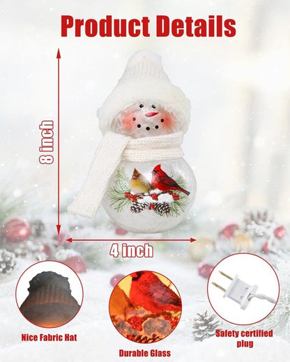 Bdor 8-Inch Snowman Christmas Decoration - Glass Figurine with Cardinal Couple & Warm Glow for Holiday Décor