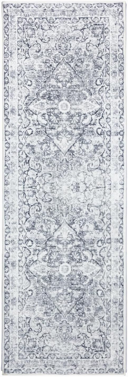 Skiennix Vintage Washable Runner Rug - Soft Non-Slip Farmhouse Mat for Hallway & Kitchen | Gray 2x6 ft