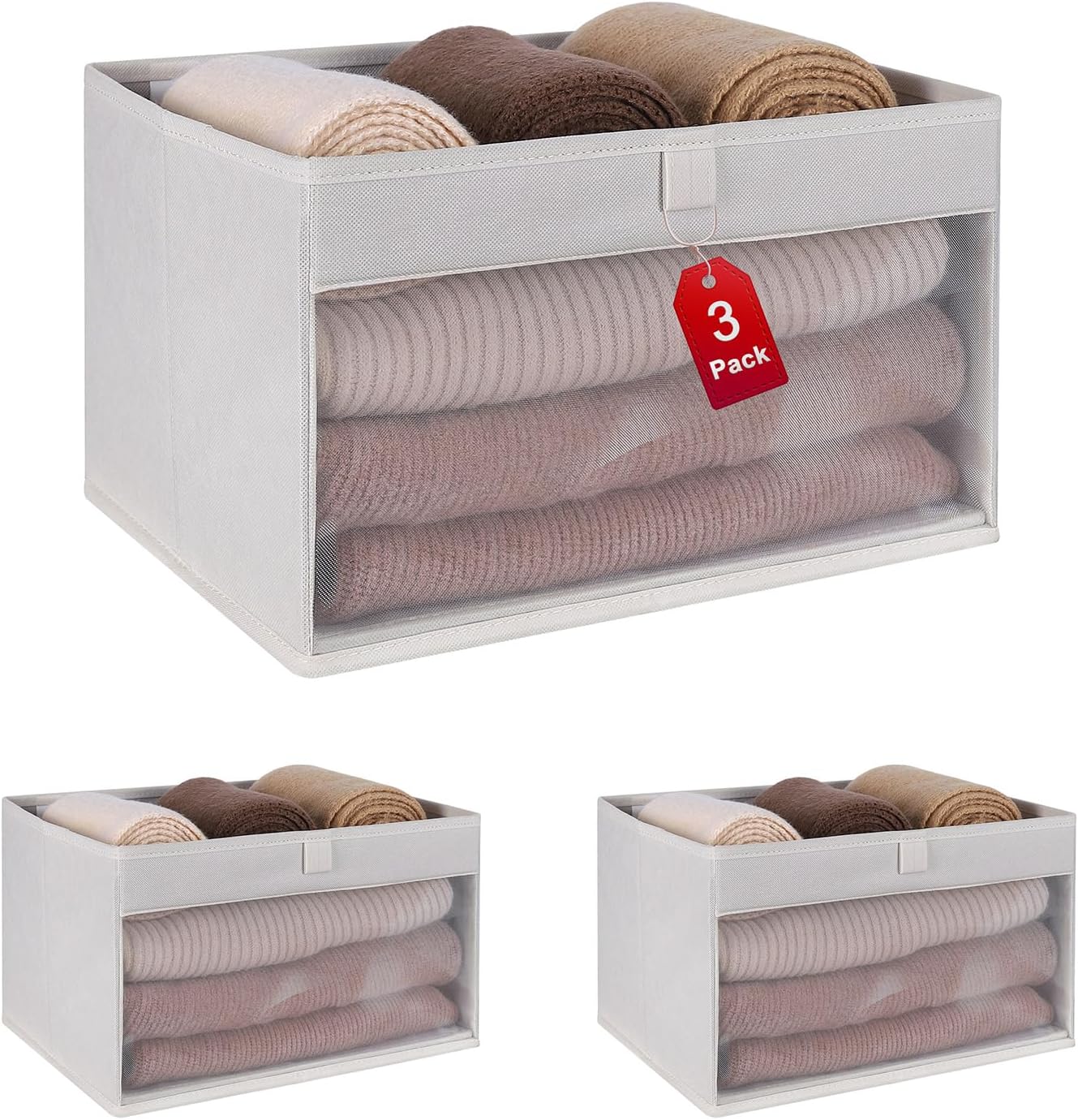 WUIKE Fabric Storage Bins - Large Foldable Organizer Baskets with Clear Window & Handles | Beige, 3-Pack