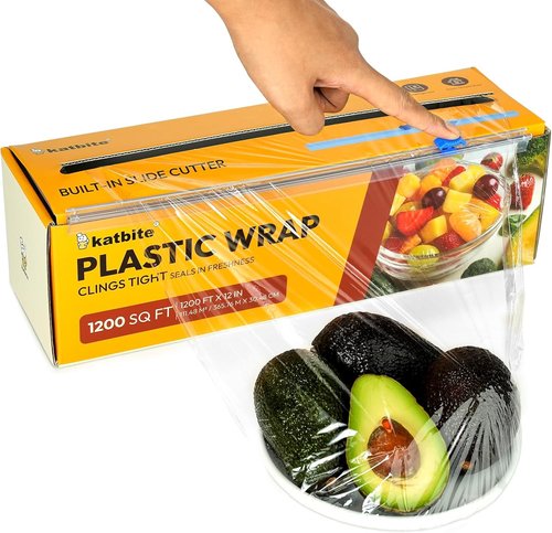 Katbite Plastic Wrap - 12 Inch x 1200 Ft Clear Food Service Film Roll with Removable Cutter for Easy Use