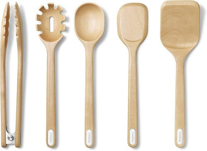 Caraway Wooden Utensil Set | 5-Piece Eco-Friendly Cooking Tools - Spoon, Server, Scraper, Spatula & Tongs - FSC-Certified Birch Wood