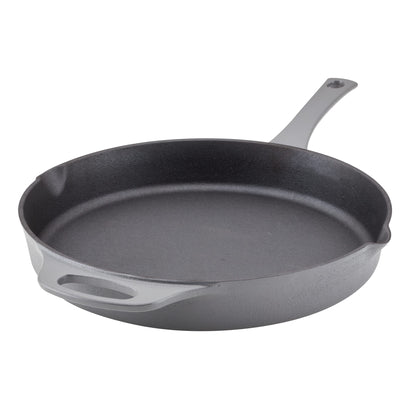 Rachael Ray NITRO Cast Iron Frying Pan/Skillet with Helper Handle and Pour Spouts, 12 Inch, Gray