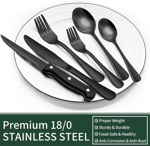 EWFEN 24-Piece Black Silverware Set - Food-Grade Stainless Steel Flatware for 4 with Steak Knives