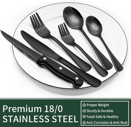 EWFEN 24-Piece Black Silverware Set - Food-Grade Stainless Steel Flatware for 4 with Steak Knives