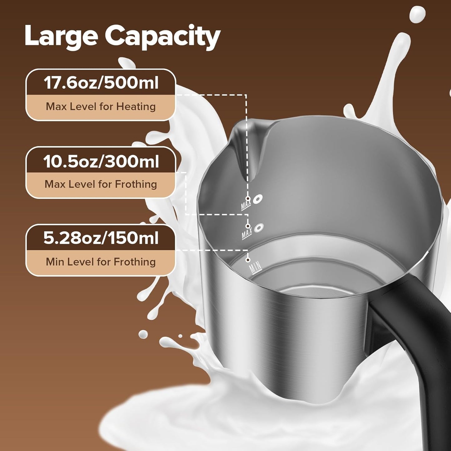 Skiennix Electric Milk Frother - Large Capacity Detachable Foam Maker | 30.44Oz Stainless Steel Jug