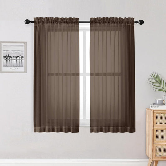 OWENIE Sheer Curtains 54 inches Long for Living Room Bedroom, Rod Pocket Light Filtering Voile Sheers Panels Drapes Small Window Treatments 2 Panels, 42" W x 54" L, Chocolate