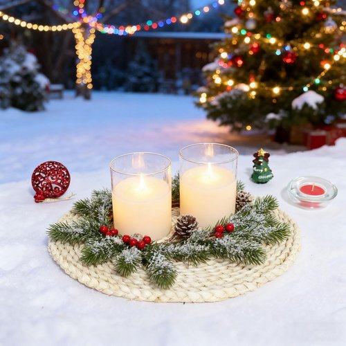 Frosted Pine Garland Candle Rings by 2 Pcs | Mini Artificial Wreaths with Red Berries & Pinecones - 11 Inch Xmas Decor