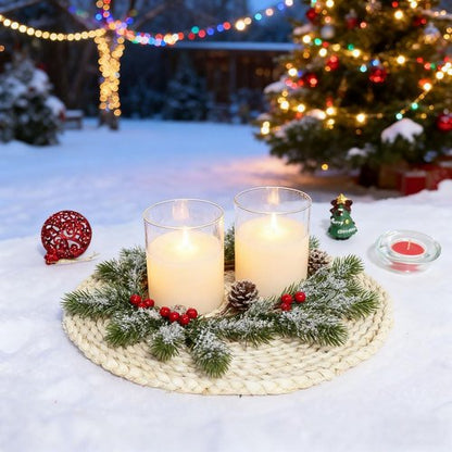Frosted Pine Garland Candle Rings by 2 Pcs | Mini Artificial Wreaths with Red Berries & Pinecones - 11 Inch Xmas Decor