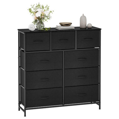 WelFurGeer 9-Drawer Dressers with Sturdy Metal Frame - Tall Chest Organizer Unit with Fabric Bins, Storage Chest of Drawers for Bedroom, Living Room, Hallway, Entryway, Closet, Black