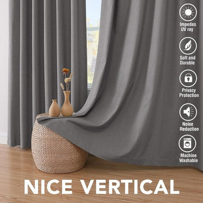 H.VERSAILTEX Linen Curtains 100% Blackout Curtains for Bedroom 90 inch Long Full Light Blocking Nature Linen Blended Window Curtains for Living Room Nickel Grommet (2 Panels, Grey)