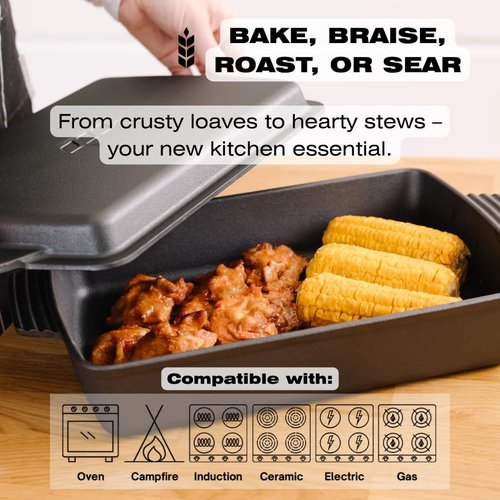 KUHA Square Cast Iron Dutch Oven 2-in-1 - Pre-Seasoned Cookware with Skillet Lid & Casserole Dish | 13" x 9", 6 QT