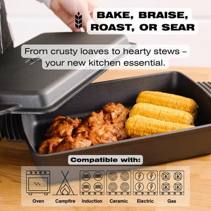 KUHA Square Cast Iron Dutch Oven 2-in-1 - Pre-Seasoned Cookware with Skillet Lid & Casserole Dish | 13" x 9", 6 QT