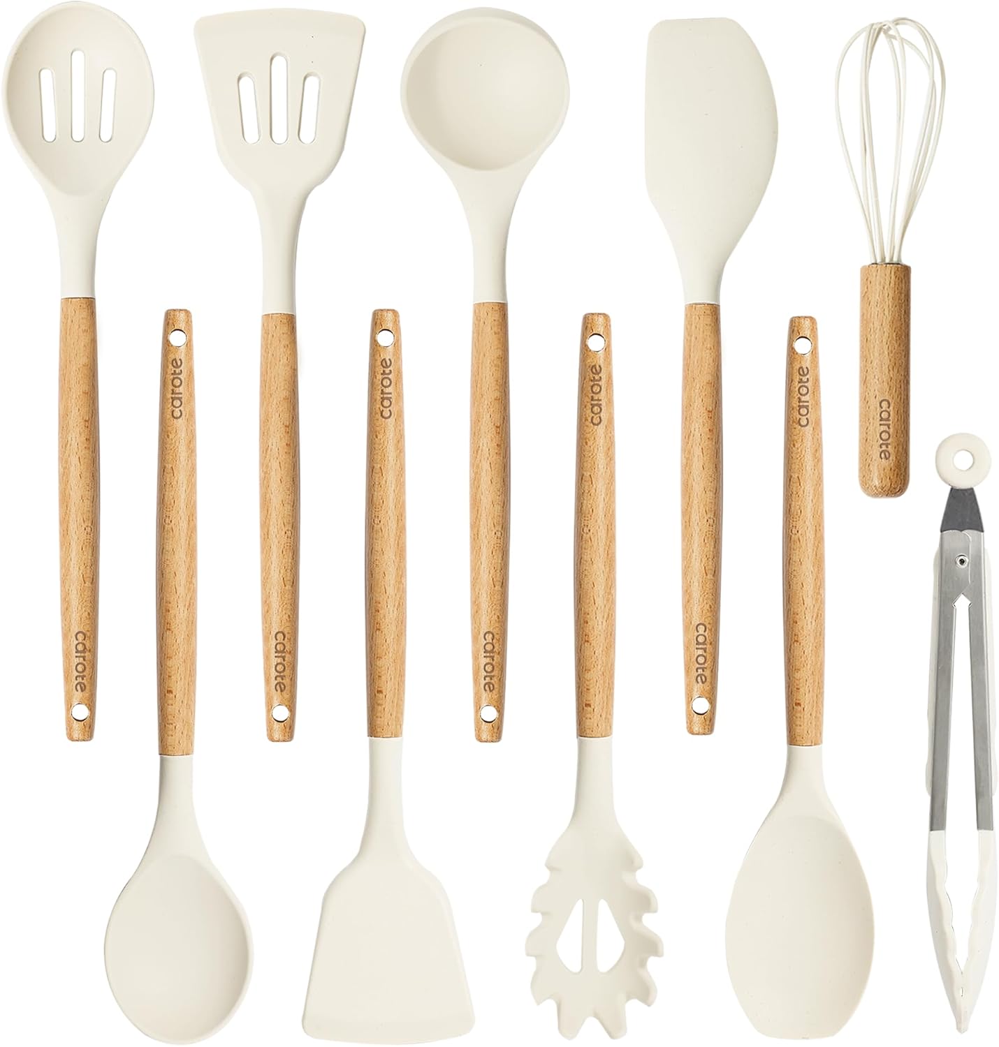 CAROTE Silicone Cooking Utensils Set - 10 Pcs BPA-Free Kitchen Tools with Heat-Resistant Wood Handles | Cream White