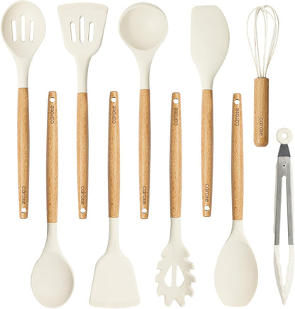 CAROTE Silicone Cooking Utensils Set - 10 Pcs BPA-Free Kitchen Tools with Heat-Resistant Wood Handles | Cream White