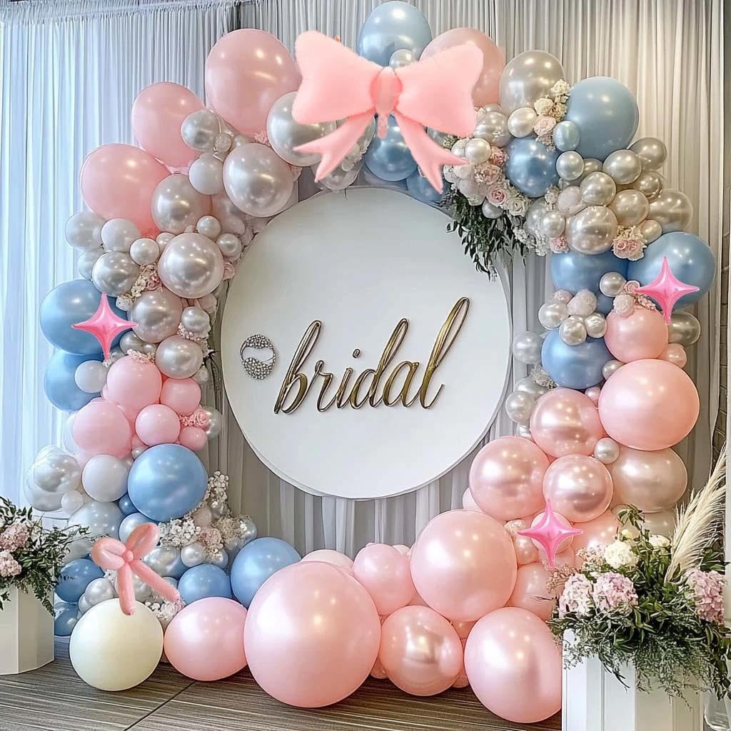 Skiennix Pearl Pink Balloon Arch - Light Pink Foil Bow & Star Balloons for Birthday & Baby Shower Decor