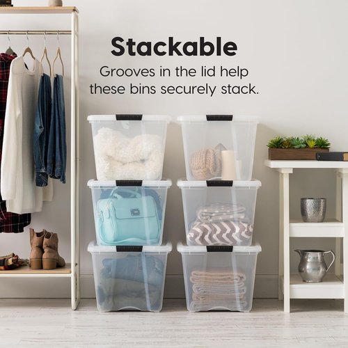 IRIS USA Stackable Storage Bins - 12-Pack 54 Quart Clear Plastic Containers with Lids for Home Organization | Clear/White