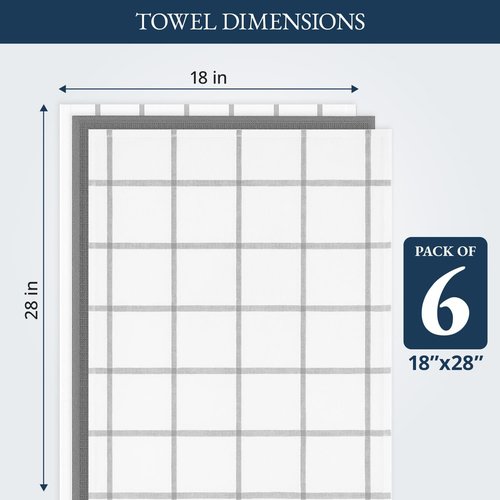 LANE LINEN Cotton Kitchen Towels Set - 6-Pack Absorbent Quick-Drying Dish Cloths, 18" x 28", Soft Grey