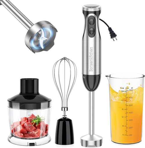 Bonsenkitchen Immersion Blender - 20-Speed Handheld Mixer with Turbo Mode & Stainless Steel Blade | Includes Whisk, Beaker & Chopper Bowl
