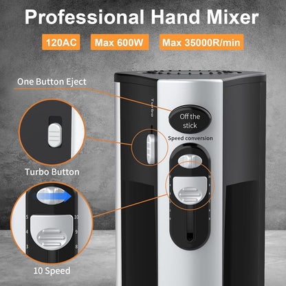 Skiennix 600W Electric Hand Mixer - 10 Speed Powerful Kitchen Mixer with Turbo | Lightweight, Includes Beaters & Dough Hooks