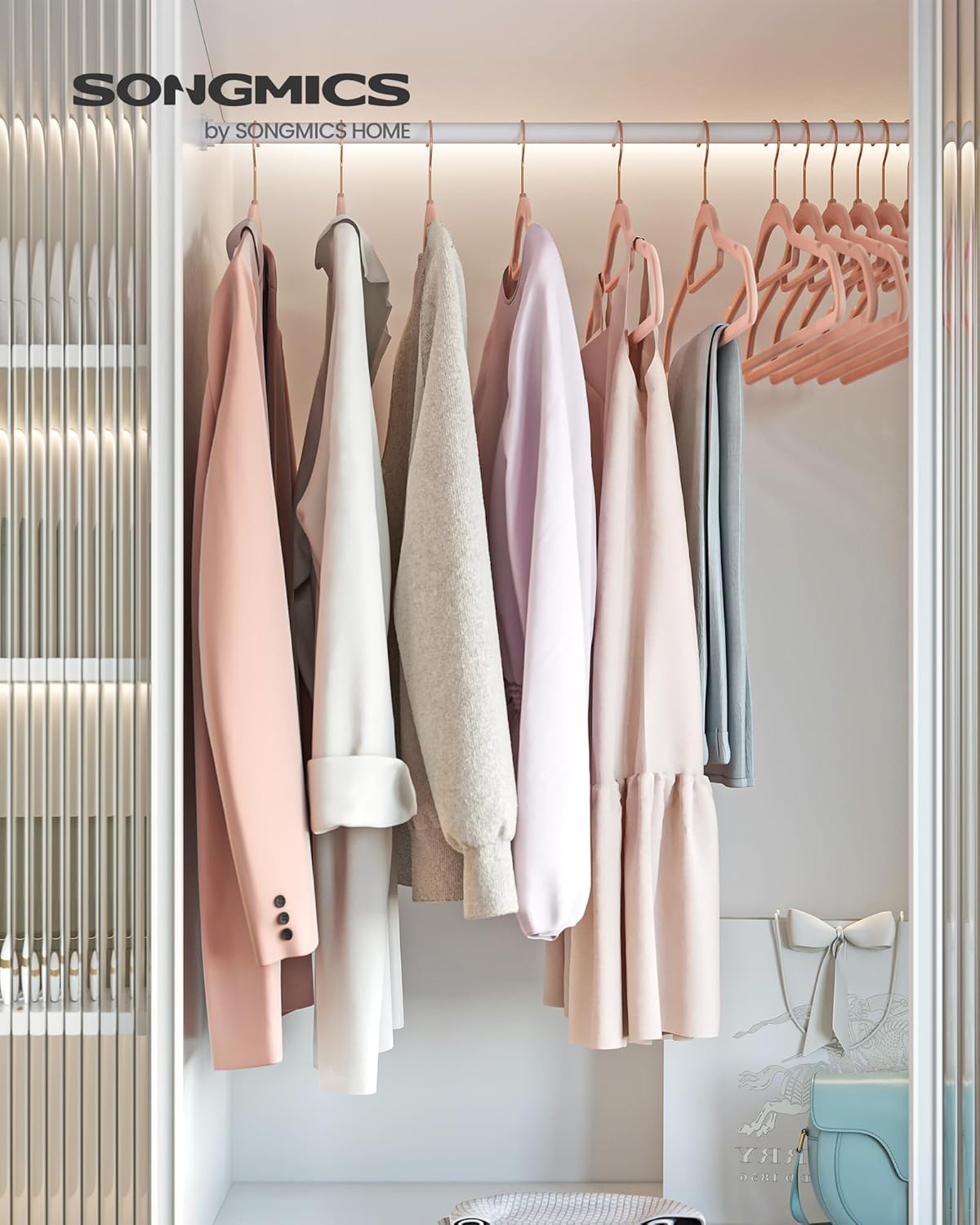 SONGMICS Velvet Hangers - Set of 60 Non-Slip Clothes Hangers with Rose Gold Swivel Hook | Coral Pink, 17.1-Inch