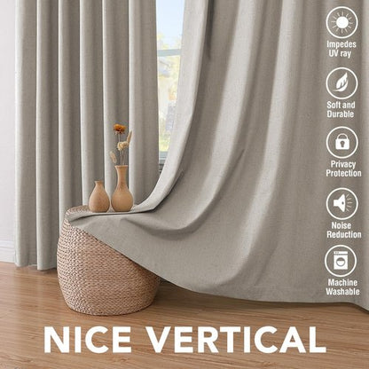 H.VERSAILTEX Linen Blackout Curtains 45 Inches Long 100% Absolutely Blackout Thermal Insulated Textured Linen Look Curtain Draperies Anti-Rust Grommet, Energy Saving with White Liner, 2 Panels, Stone