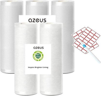 AZEUS Vacuum Sealer Bag Rolls - BPA-Free Embossed Rolls, 2 Rolls 8" x 16.4' & 3 Rolls 11" x 16.4'