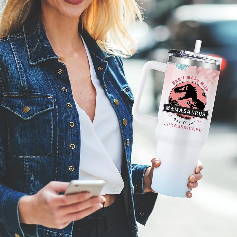 40 oz Mama Tumbler Gift - Don't Mess with Momasaurus - 40 Ounce Stainless Steel