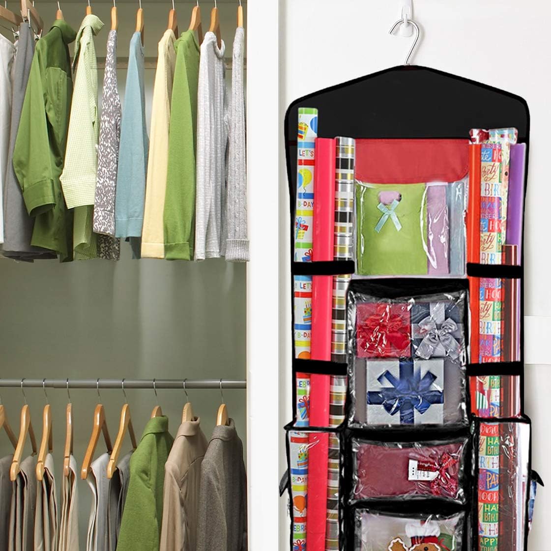 ProPik Wrapping Paper Storage Organizer - Double-Sided Design with Multiple Pockets | Fits 40" Rolls, Black
