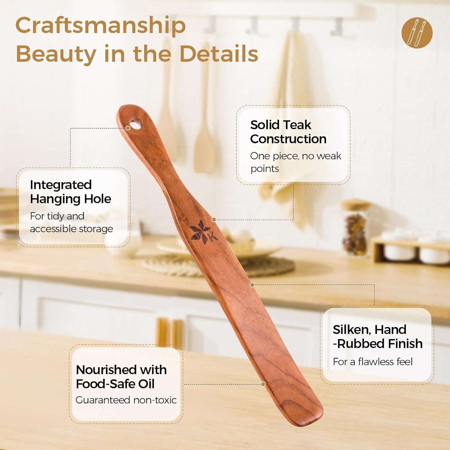 Skiennix Spurtle Set - 2 Pack Danish Dough Whisk & Jar Spatula - Solid Teak Wood Kitchen Utensils