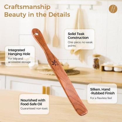 Skiennix Spurtle Set - 2 Pack Danish Dough Whisk & Jar Spatula - Solid Teak Wood Kitchen Utensils