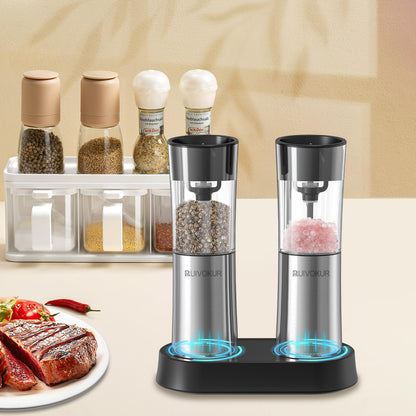 RUIVOKUR Automatic Salt and Pepper Grinder Set, Electric Salt and Pepper Grinder Set Rechargeable with Charging Base, 2 Pack USB Electric Pepper Grinder with Adjustable Coarseness for Kitchen